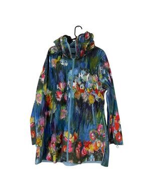 Ubu Womens Reversible Raincoat Jacket 1X Blue Floral Abstract tulips Hooded NWT